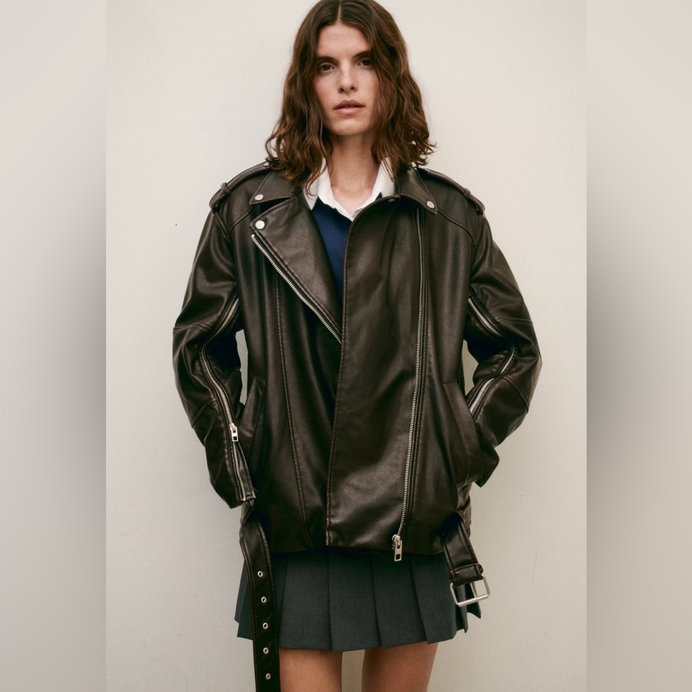 ZARA WASHED FAUX LEATHER OVERSIZED BIKER JACKET